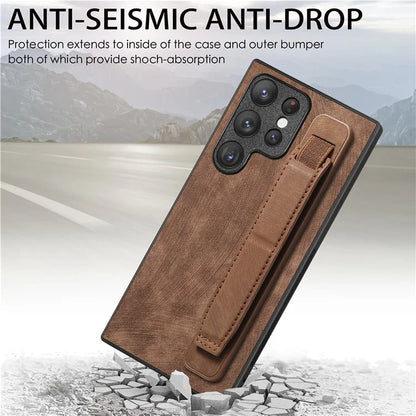 D11 For Samsung Galaxy S22 Ultra 5G Case Wristband Kickstand Leather Coated TPU Protective Cover