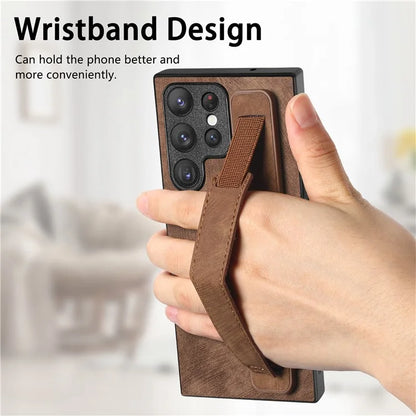 D11 For Samsung Galaxy S22 Ultra 5G Case Wristband Kickstand Leather Coated TPU Protective Cover