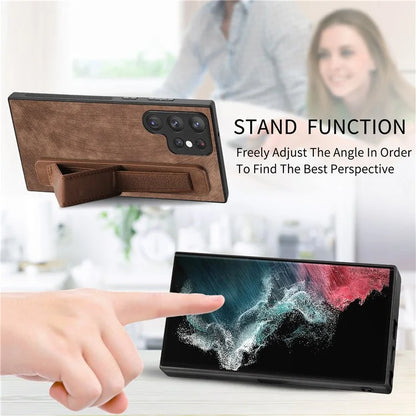 D11 For Samsung Galaxy S22 Ultra 5G Case Wristband Kickstand Leather Coated TPU Protective Cover