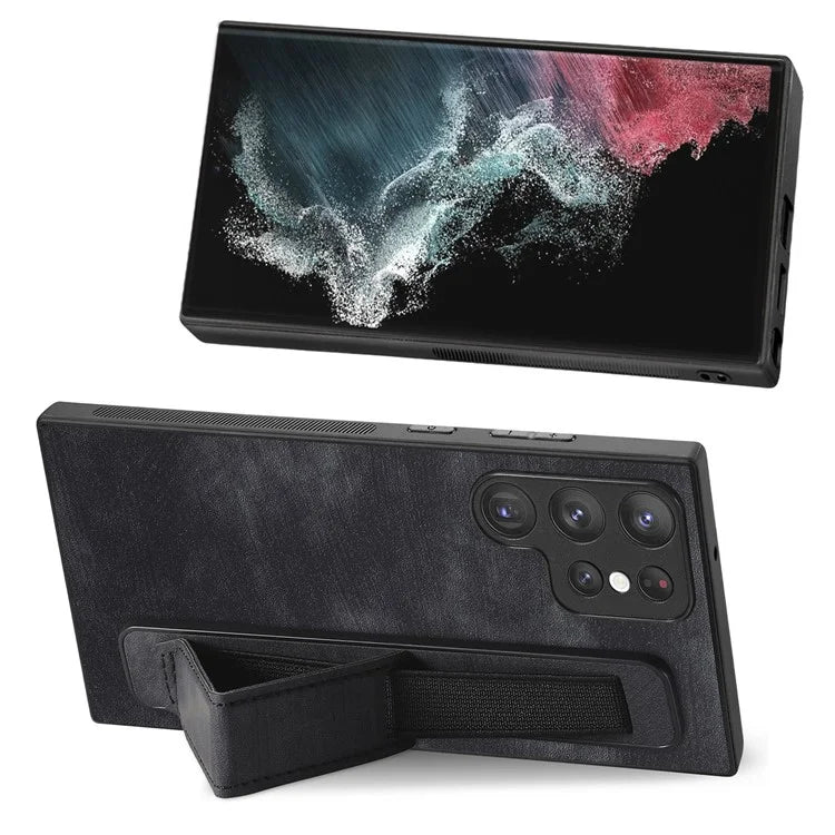 D11 For Samsung Galaxy S22 Ultra 5G Case Wristband Kickstand Leather Coated TPU Protective Cover