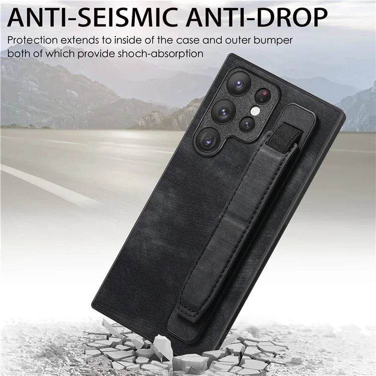 D11 For Samsung Galaxy S22 Ultra 5G Case Wristband Kickstand Leather Coated TPU Protective Cover