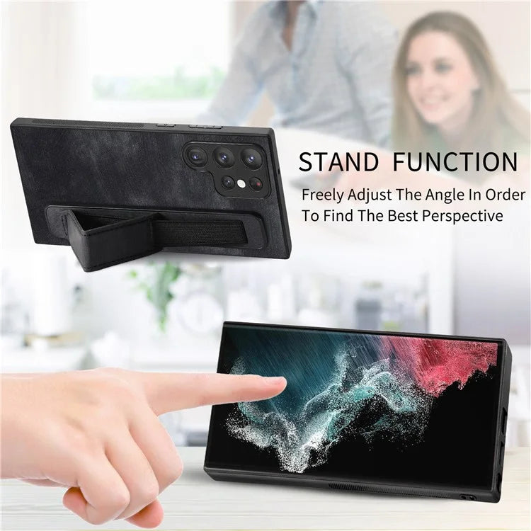 D11 For Samsung Galaxy S22 Ultra 5G Case Wristband Kickstand Leather Coated TPU Protective Cover