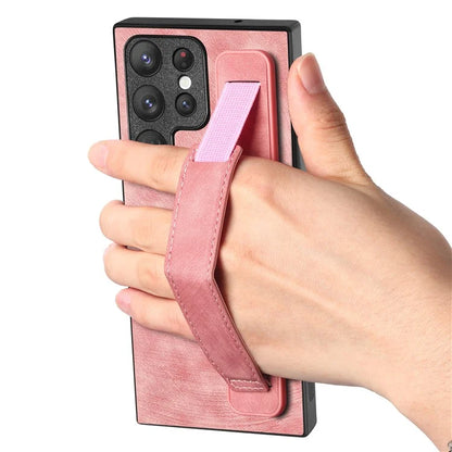 D11 For Samsung Galaxy S22 Ultra 5G Case Wristband Kickstand Leather Coated TPU Protective Cover