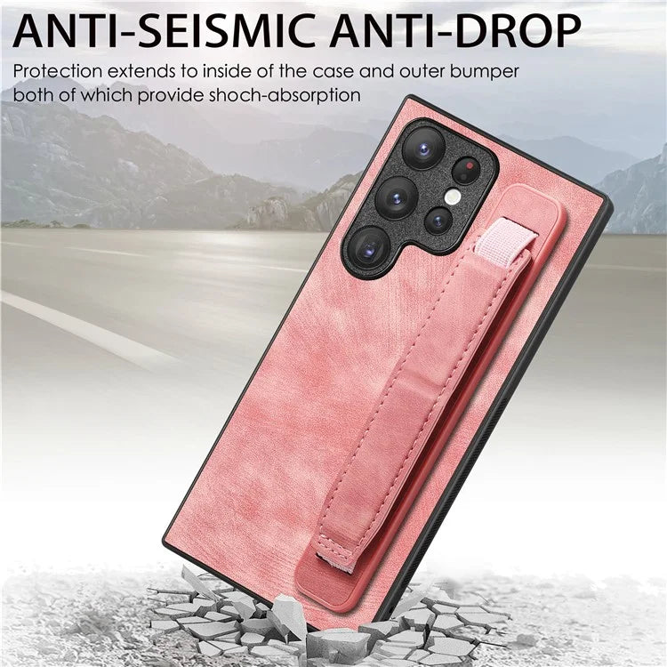 D11 For Samsung Galaxy S22 Ultra 5G Case Wristband Kickstand Leather Coated TPU Protective Cover