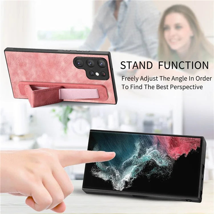 D11 For Samsung Galaxy S22 Ultra 5G Case Wristband Kickstand Leather Coated TPU Protective Cover