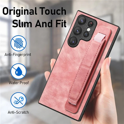 D11 For Samsung Galaxy S22 Ultra 5G Case Wristband Kickstand Leather Coated TPU Protective Cover