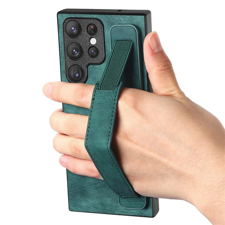 D11 For Samsung Galaxy S22 Ultra 5G Case Wristband Kickstand Leather Coated TPU Protective Cover