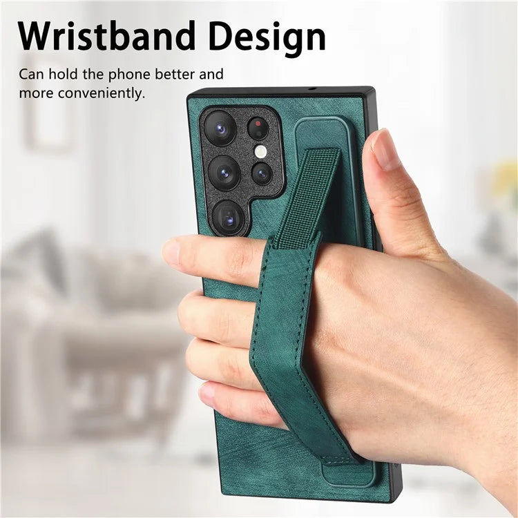 D11 For Samsung Galaxy S22 Ultra 5G Case Wristband Kickstand Leather Coated TPU Protective Cover