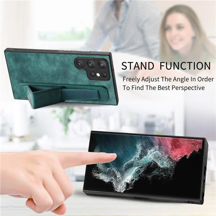 D11 For Samsung Galaxy S22 Ultra 5G Case Wristband Kickstand Leather Coated TPU Protective Cover
