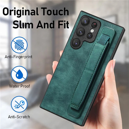 D11 For Samsung Galaxy S22 Ultra 5G Case Wristband Kickstand Leather Coated TPU Protective Cover