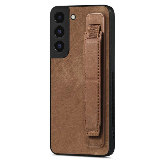 D11 For Samsung Galaxy S22 5G Leather Case Vintage Wristband Kickstand Phone Guard Cover
