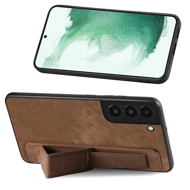 D11 For Samsung Galaxy S22 5G Leather Case Vintage Wristband Kickstand Phone Guard Cover