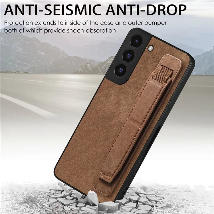 D11 For Samsung Galaxy S22 5G Leather Case Vintage Wristband Kickstand Phone Guard Cover