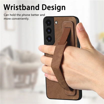 D11 For Samsung Galaxy S22 5G Leather Case Vintage Wristband Kickstand Phone Guard Cover