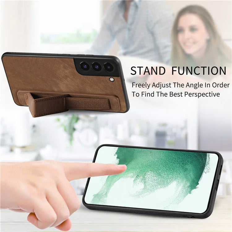 D11 For Samsung Galaxy S22 5G Leather Case Vintage Wristband Kickstand Phone Guard Cover