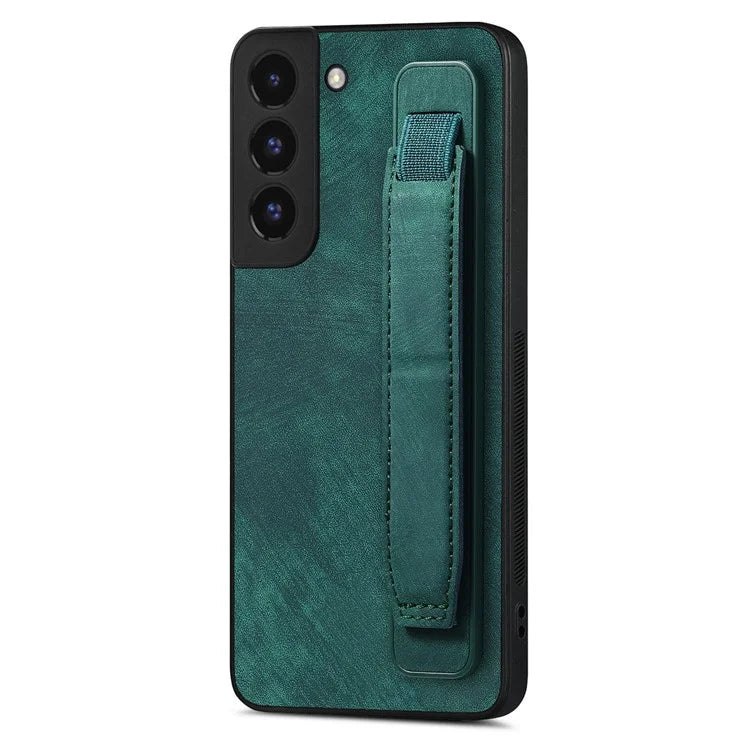 D11 For Samsung Galaxy S22 5G Leather Case Vintage Wristband Kickstand Phone Guard Cover