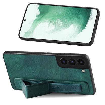 D11 For Samsung Galaxy S22 5G Leather Case Vintage Wristband Kickstand Phone Guard Cover