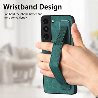 D11 For Samsung Galaxy S22 5G Leather Case Vintage Wristband Kickstand Phone Guard Cover