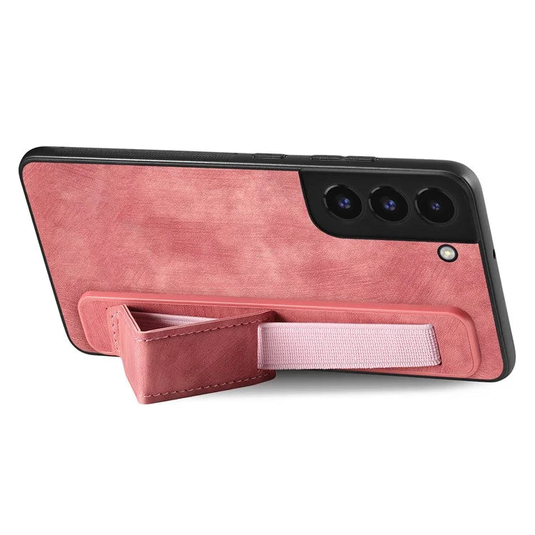 D11 For Samsung Galaxy S22 5G Leather Case Vintage Wristband Kickstand Phone Guard Cover