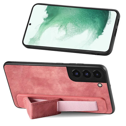 D11 For Samsung Galaxy S22 5G Leather Case Vintage Wristband Kickstand Phone Guard Cover