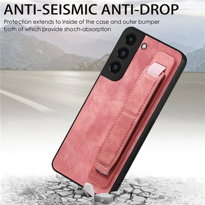 D11 For Samsung Galaxy S22 5G Leather Case Vintage Wristband Kickstand Phone Guard Cover
