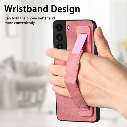 D11 For Samsung Galaxy S22 5G Leather Case Vintage Wristband Kickstand Phone Guard Cover