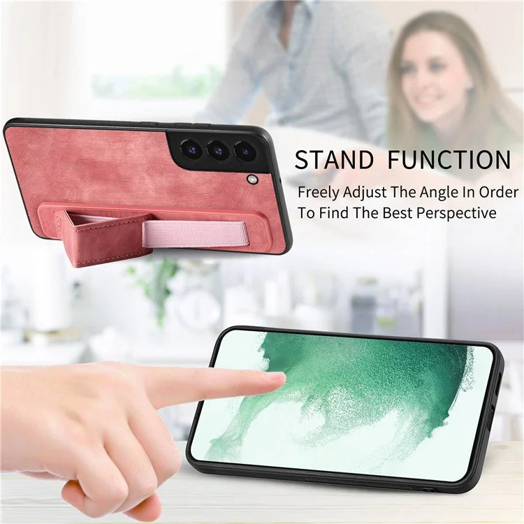 D11 For Samsung Galaxy S22 5G Leather Case Vintage Wristband Kickstand Phone Guard Cover