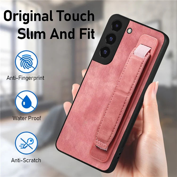 D11 For Samsung Galaxy S22 5G Leather Case Vintage Wristband Kickstand Phone Guard Cover