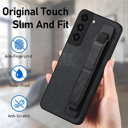 D11 For Samsung Galaxy S22 5G Leather Case Vintage Wristband Kickstand Phone Guard Cover