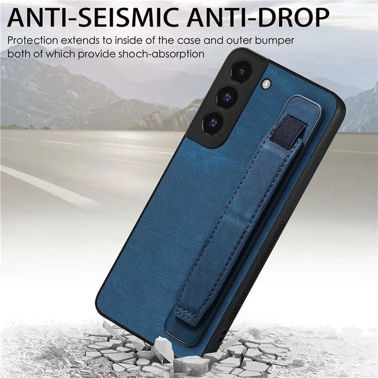 D11 For Samsung Galaxy S22 5G Leather Case Vintage Wristband Kickstand Phone Guard Cover