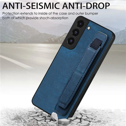 D11 For Samsung Galaxy S22 5G Leather Case Vintage Wristband Kickstand Phone Guard Cover