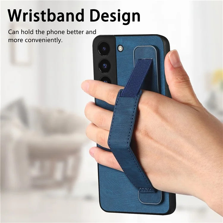 D11 For Samsung Galaxy S22 5G Leather Case Vintage Wristband Kickstand Phone Guard Cover