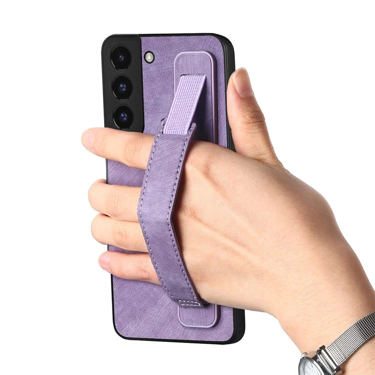 D11 For Samsung Galaxy S22 5G Leather Case Vintage Wristband Kickstand Phone Guard Cover