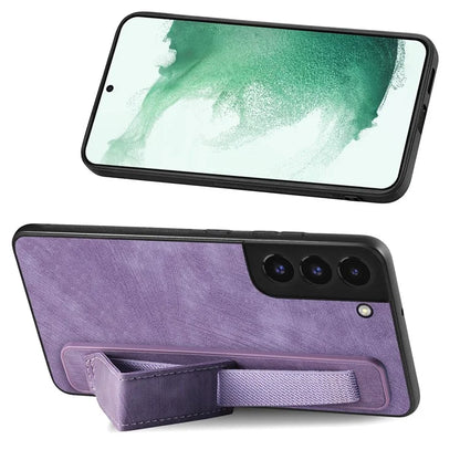 D11 For Samsung Galaxy S22 5G Leather Case Vintage Wristband Kickstand Phone Guard Cover