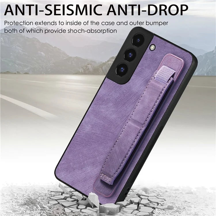 D11 For Samsung Galaxy S22 5G Leather Case Vintage Wristband Kickstand Phone Guard Cover