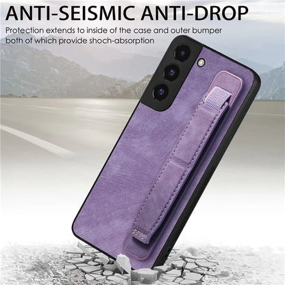 D11 For Samsung Galaxy S22 5G Leather Case Vintage Wristband Kickstand Phone Guard Cover