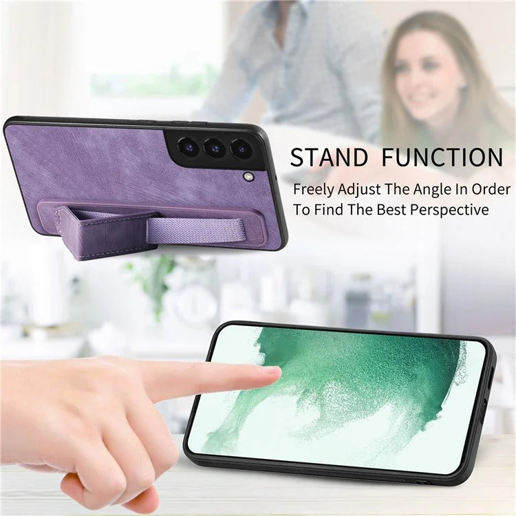 D11 For Samsung Galaxy S22 5G Leather Case Vintage Wristband Kickstand Phone Guard Cover