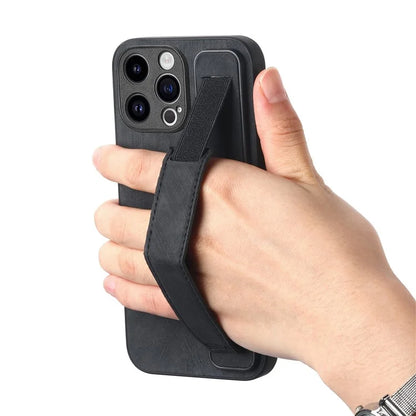 D11 For iPhone 15 Pro Leather+TPU Phone Case Wristband Kickstand
