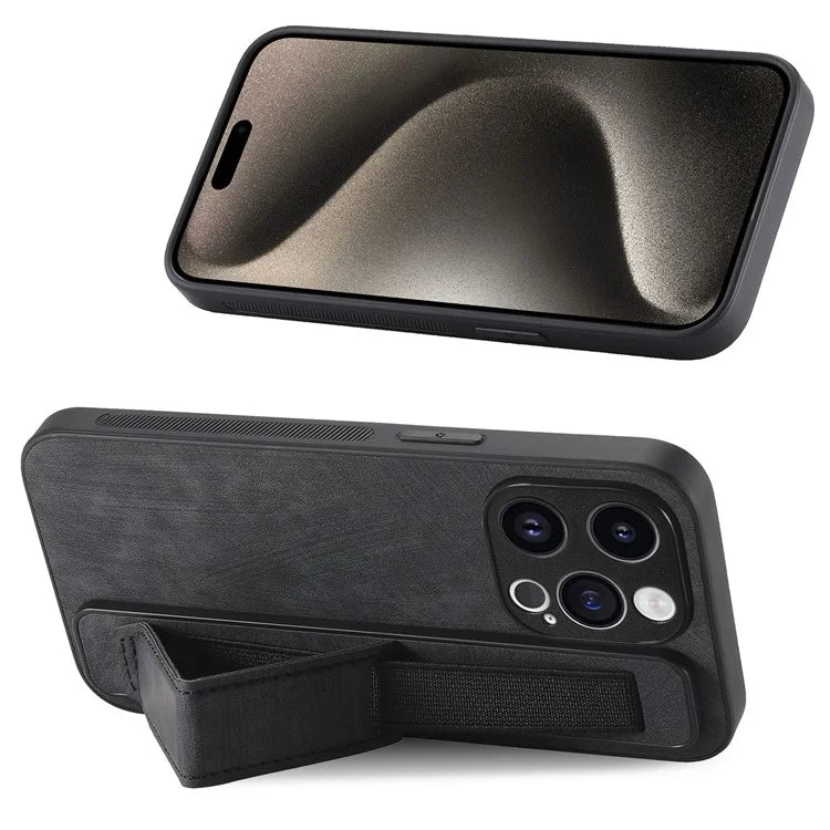 D11 For iPhone 15 Pro Leather+TPU Phone Case Wristband Kickstand