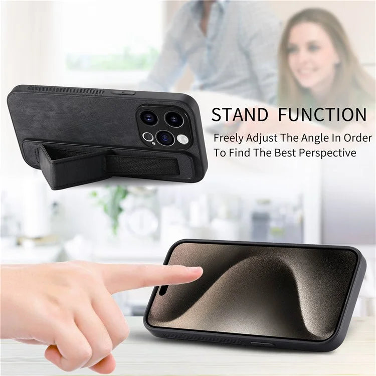 D11 For iPhone 15 Pro Leather+TPU Phone Case Wristband Kickstand
