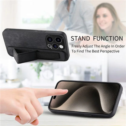 D11 For iPhone 15 Pro Leather+TPU Phone Case Wristband Kickstand