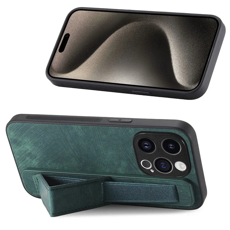 D11 For iPhone 15 Pro Leather+TPU Phone Case Wristband Kickstand