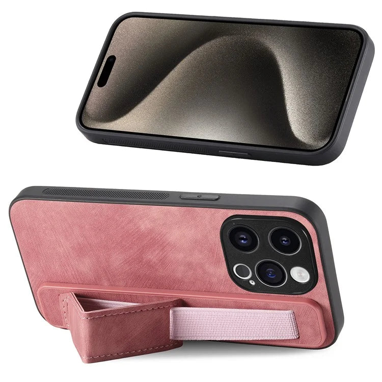 D11 For iPhone 15 Pro Leather+TPU Phone Case Wristband Kickstand