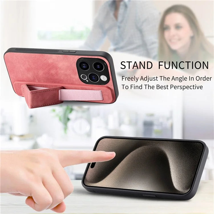 D11 For iPhone 15 Pro Leather+TPU Phone Case Wristband Kickstand