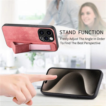 D11 For iPhone 15 Pro Leather+TPU Phone Case Wristband Kickstand