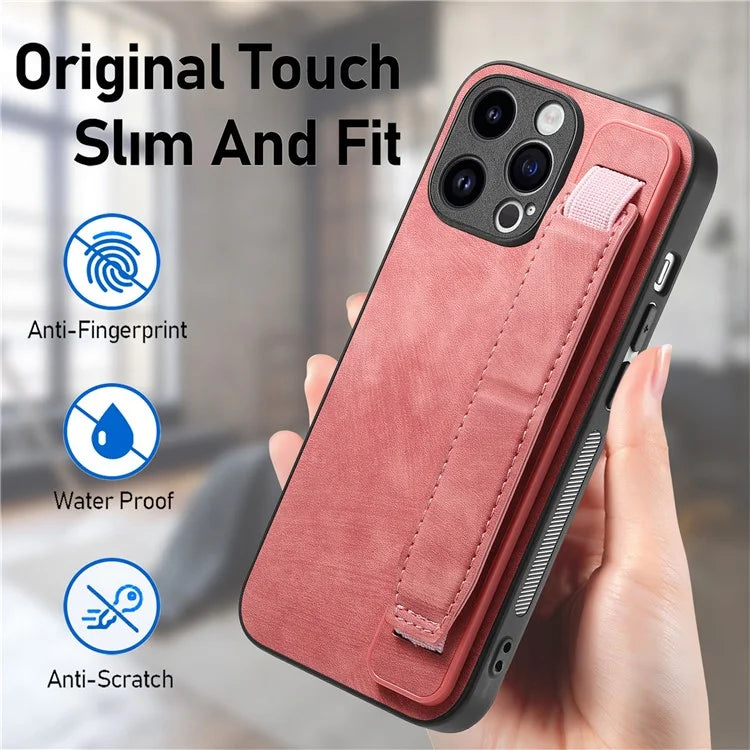 D11 For iPhone 15 Pro Leather+TPU Phone Case Wristband Kickstand