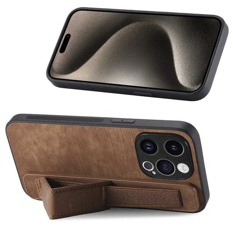 D11 For iPhone 15 Pro Leather+TPU Phone Case Wristband Kickstand