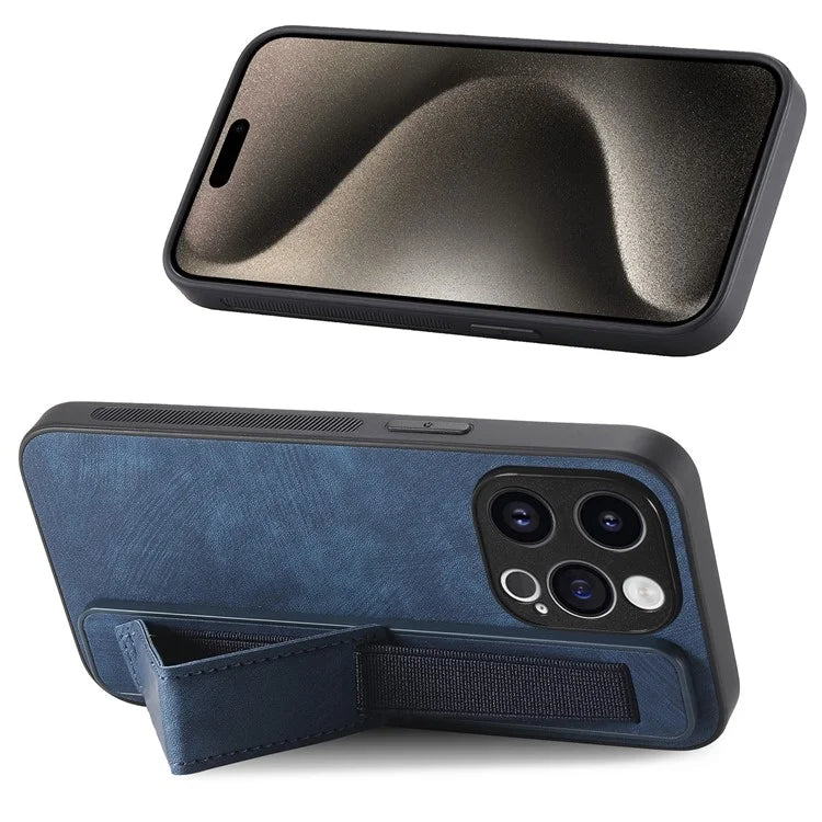 D11 For iPhone 15 Pro Leather+TPU Phone Case Wristband Kickstand