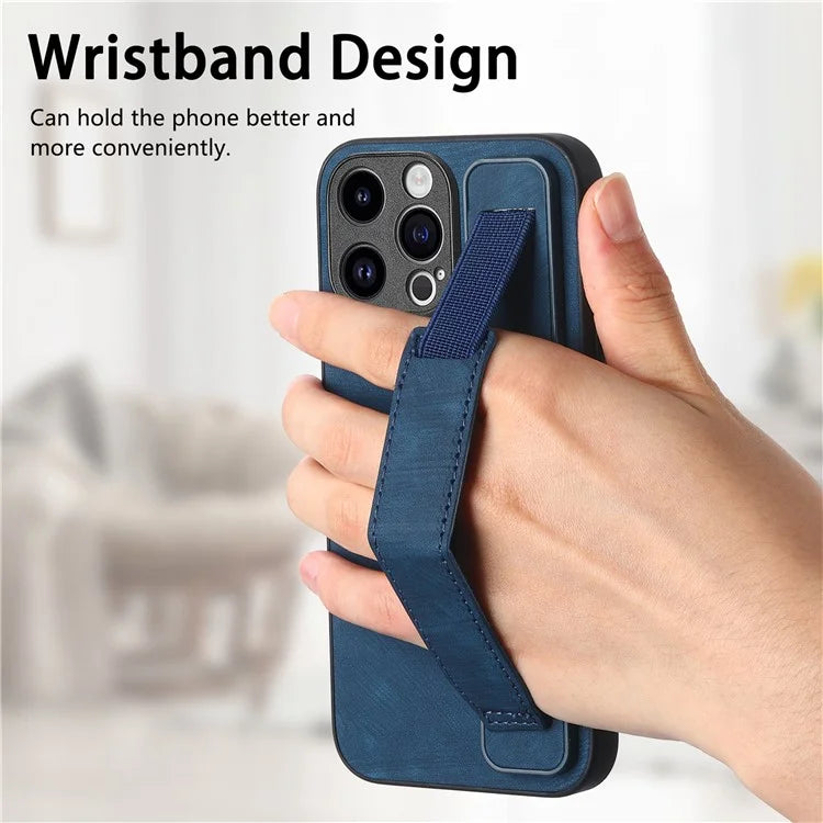 D11 For iPhone 15 Pro Leather+TPU Phone Case Wristband Kickstand