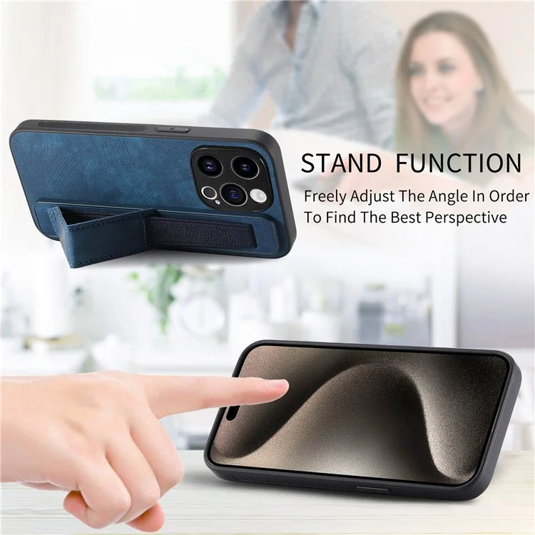 D11 For iPhone 15 Pro Leather+TPU Phone Case Wristband Kickstand